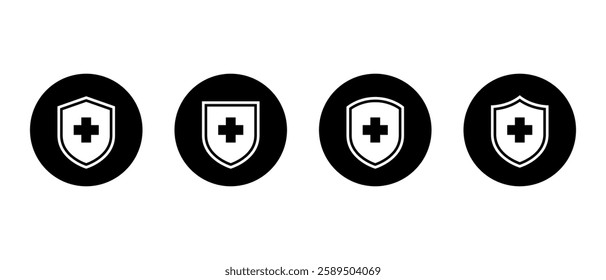Shield protection icon set on black circle. Health badge with plus cross sign symbol
