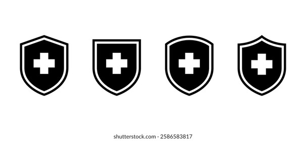 Shield protection icon set. Safety, health badge with plus sign symbol