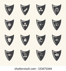 Shield and protection icons set on texture background. Vector