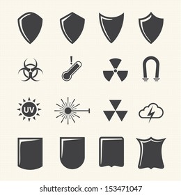 Shield and protection icons set on texture background. Vector