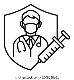 Shield protection with male doctor wearing mask, stethoscope and syringe  for corona virus covid-19 icon vector symbol illustration.