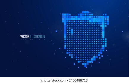 Protección de escudo en estilo pixel. Defensa de la Ilustración vectorial de efecto de luz de partículas futurista - concepto de seguridad y protección