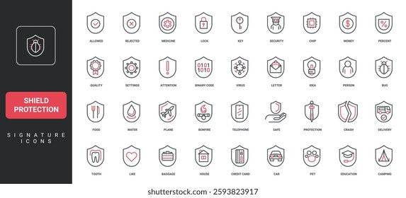 Shield protection, safe guard and warranty of privacy, secure access line icon set. Safety shield with lock and key, checkmark or cross, percentage sign thin black and red symbols vector illustration