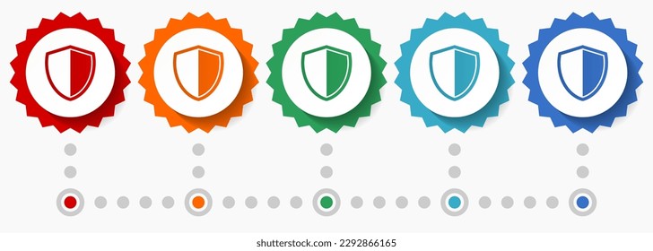 Shield, protection, security concept vector icon set, colorful infographic template, set of flat design badge icons in 5 color options