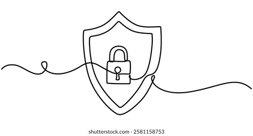 Shield, Protection, Security Continuous Line Icon, Shield Protection Continuous Line Icon, Shield Web Banner with Continuous Line Icon, The security shield is drawn in one continuous line. The concept