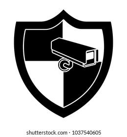 shield protection surveillance camera data system vector illustration  black and white graphic  
