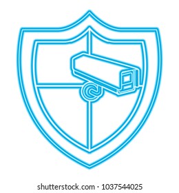 shield protection surveillance camera data system vector illustration blue neon line image