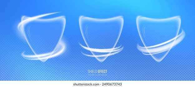 Shield protection with swirling light effect in futuristic style on transparency grid. Glossy barrier isolated vector illustration