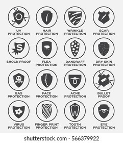 shield protection vector and icon . uv hair wrinkle scar shock proof flea dandruff dry skin gas face acne bullet virus finger print tooth eye