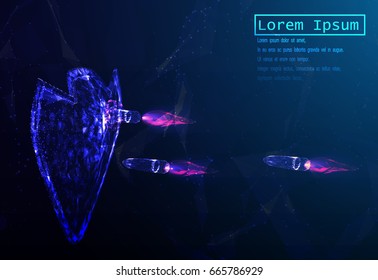 The shield protects against bullet damage, consisting of polygons. The concept of data protection. Low poly vector illustration of a starry sky or Space. The screen consists of lines, dots and shapes.