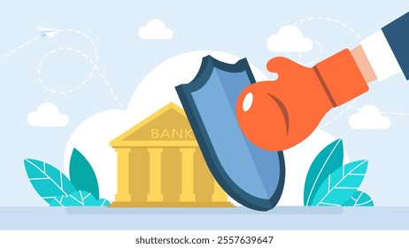 The shield protects bank building from a blow with a boxing glove. Money insurance. Bank building with Money. Business safety, investment security. Life and welfare protection. Vector illustration