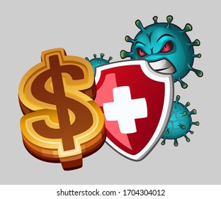 El escudo protege el signo del dólar del virus. Ilustración del vector