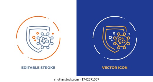 Shield protects from virus cell line art vector icon with editable stroke. Outline symbol of health protection. Immunity defense pictogram made of thin stroke. Isolated on background.