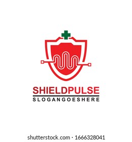 Shield and Pulse are red with green cross Logo Template Design Vector for Business Medical, Emblem, Design concept, Creative Symbol, Icon