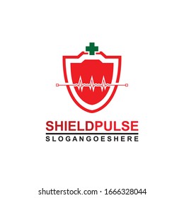 Blindaje y pulso son rojos con el vector de diseño de plantillas de logotipos cruzados verdes para empresas médicas, Emblem, concepto de diseño, símbolo creativo, icono