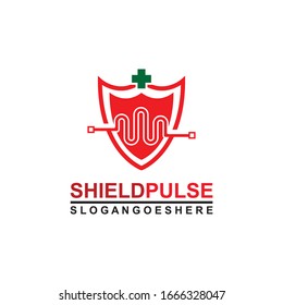 Shield and Pulse are red with green cross Logo Template Design Vector for Business Medical, Emblem, Design concept, Creative Symbol, Icon