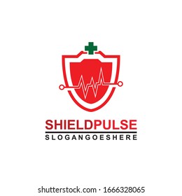 Shield and Pulse are red with green cross Logo Template Design Vector for Business Medical, Emblem, Design concept, Creative Symbol, Icon