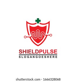 Shield and Pulse are red with green cross Logo Template Design Vector for Business Medical, Emblem, Design concept, Creative Symbol, Icon