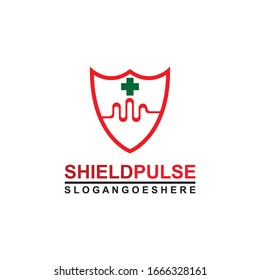 Shield and Pulse are red with green cross Logo Template Design Vector for Business Medical, Emblem, Design concept, Creative Symbol, Icon
