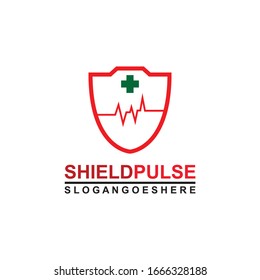 Blindaje y pulso son rojos con el vector de diseño de plantillas de logotipos cruzados verdes para empresas médicas, Emblem, concepto de diseño, símbolo creativo, icono
