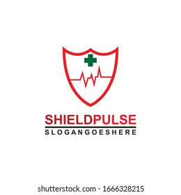 Blindaje y pulso son rojos con el vector de diseño de plantillas de logotipos cruzados verdes para empresas médicas, Emblem, concepto de diseño, símbolo creativo, icono