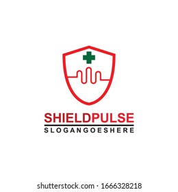 Shield and Pulse are red with green cross Logo Template Design Vector for Business Medical, Emblem, Design concept, Creative Symbol, Icon