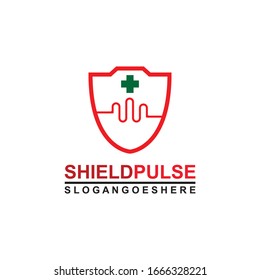 Blindaje y pulso son rojos con el vector de diseño de plantillas de logotipos cruzados verdes para empresas médicas, Emblem, concepto de diseño, símbolo creativo, icono