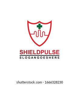 Blindaje y pulso son rojos con el vector de diseño de plantillas de logotipos cruzados verdes para empresas médicas, Emblem, concepto de diseño, símbolo creativo, icono
