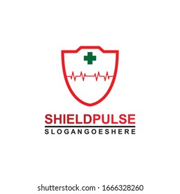 Blindaje y pulso son rojos con el vector de diseño de plantillas de logotipos cruzados verdes para empresas médicas, Emblem, concepto de diseño, símbolo creativo, icono