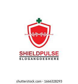 Blindaje y pulso son rojos con el vector de diseño de plantillas de logotipos cruzados verdes para empresas médicas, Emblem, concepto de diseño, símbolo creativo, icono