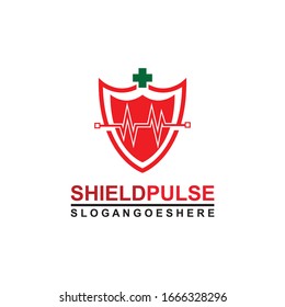 Blindaje y pulso son rojos con el vector de diseño de plantillas de logotipos cruzados verdes para empresas médicas, Emblem, concepto de diseño, símbolo creativo, icono