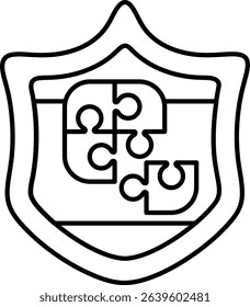 A shield with a puzzle on it. The puzzle is broken and the shield is white. The puzzle is a symbol of protection and the broken pieces represent the idea that protection can be fragile