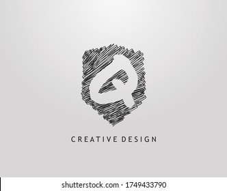 Shield Q Letter Logo. Abstract hand drawn shield stroke line shape with negative space of letter Q. Modern, minimalist and retro concept design. 