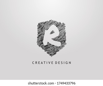 Shield R Letter Logo. Abstract hand drawn shield stroke line shape with negative space of letter R. Modern, minimalist and retro concept design. 