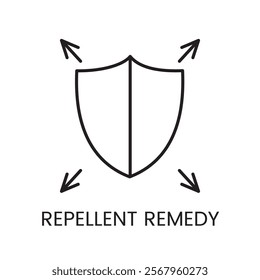 A shield with radiating arrows icon in vector, symbolizing comprehensive protection by a repellent remedy, with an editable stroke