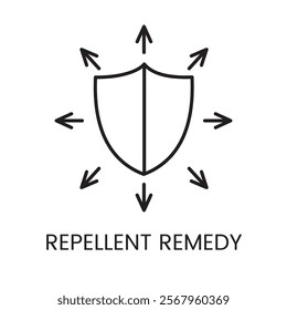 A shield with radiating arrows icon in vector, symbolizing comprehensive protection by a repellent remedy, with an editable stroke