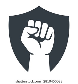 A shield with a raised fist, symbolizing protection and strength, against a white background