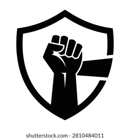 A shield with a raised fist, symbolizing protection, strength, and solidarity, set against a white background