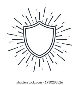 Shield in rays and sparks. Reflecting an attack. Reliable protection. Vector linear icon isolated on white background.