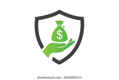 Diseño de logotipo de bienes raíces de Shield con manos arriba Plantilla de icono de bolso de dólar