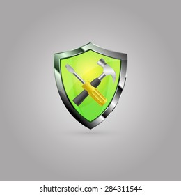 Shield realistic icon. Green realistic shield with realistic tools. Defence symbol. Use as logo or web icon. Vector illustration EPS 10.