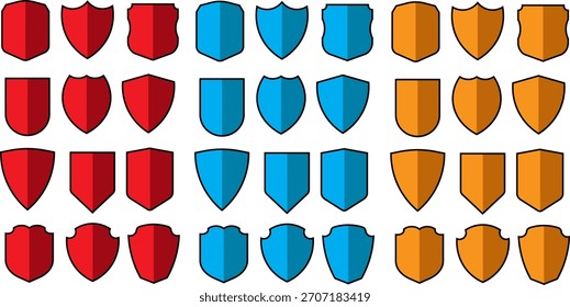 Shield red, blue, yellow, flat design icon set in vintage style. Protection secure lock vector sign. Security and privacy symbol isolated on transparent 