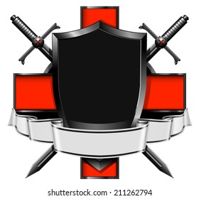 the shield with red cross, two swords and ribbon