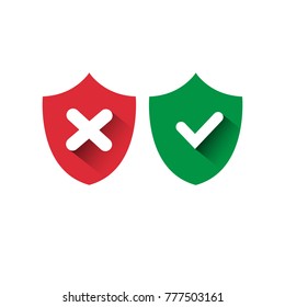 Shield Red And Green Icons Check Mark Protection And Security Concept Access Approved And Denied Vector Illustration
