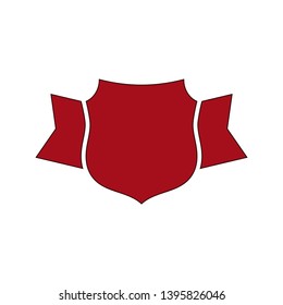 Shield red icon. Outline shield, simple ribbon isolated white background. Flat graphic sign. Symbol arms, security badge, heraldic insignia, guard protect. Safety element crest Vector illustration