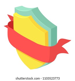 Shield with red ribbon icon. Isometric of shield with red ribbon vector icon for web design isolated on white background