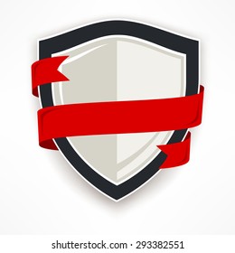 Shield With Red Ribbon On White, Flat Vector Illustration