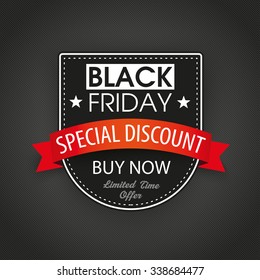 Shield with red ribbon and text black friday on the dark background. Eps 10 vector file.