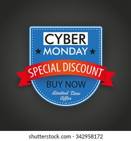 Shield with red ribbon and text cyber monday on the dark background. Eps 10 vector file.