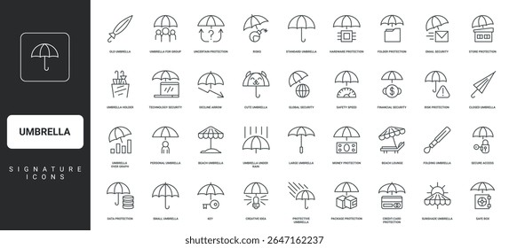 Shield to reduce danger chance, potential threat, risks management thin black symbols vector illustration. Umbrella open and folded, parasol, finance and life, health protection line icon set.
